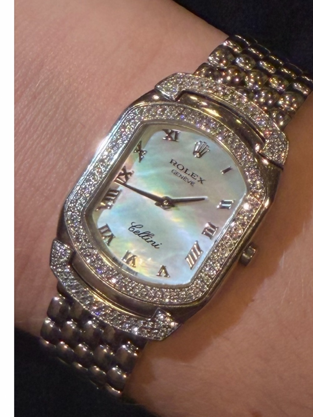 Rolex Cellini Mother-of-Pearl Dial Diamond Bezel Watch - Silver